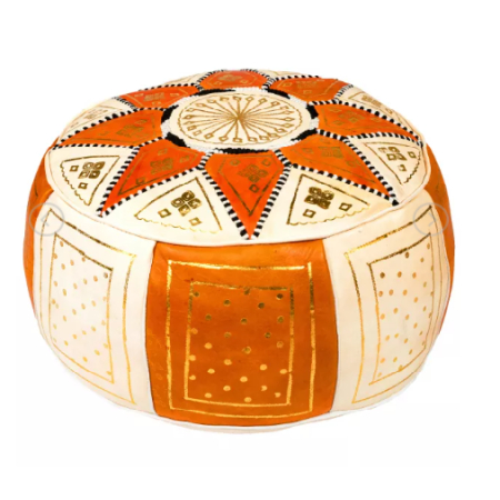 Marokkanischer Pouf/Hocker aus Leder, Beige Orange